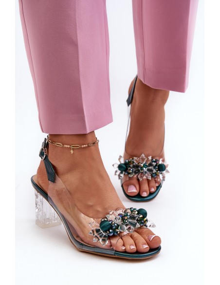 Transparent sandals on a heel with decorations in green D&A MR38-D1
