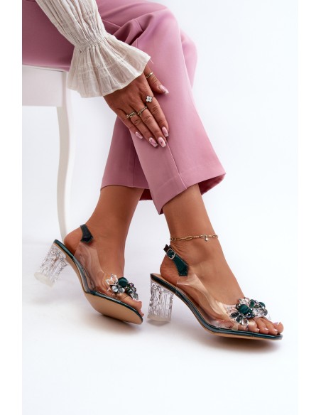 Transparent sandals on a heel with decorations in green D&A MR38-D1