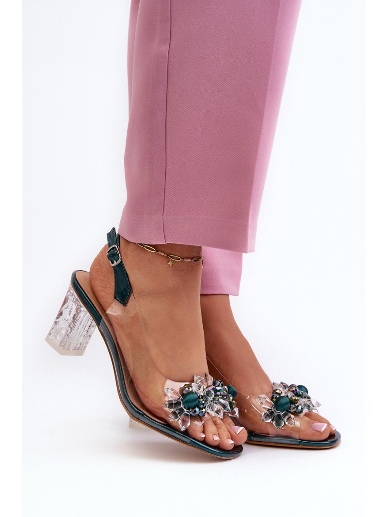 Transparent sandals on a heel with decorations in green D&A MR38-D1