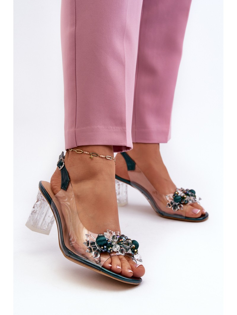 Transparent sandals on a heel with decorations in green D&A MR38-D1