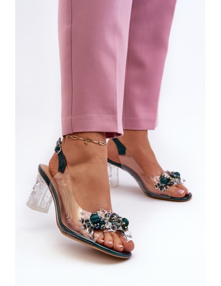 Transparent sandals on a heel with decorations in green D&A MR38-D1