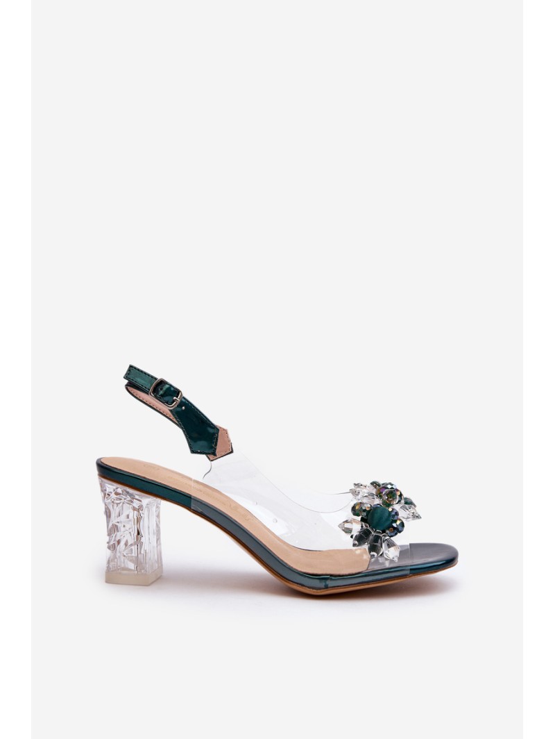 Transparent sandals on a heel with decorations in green D&A MR38-D1