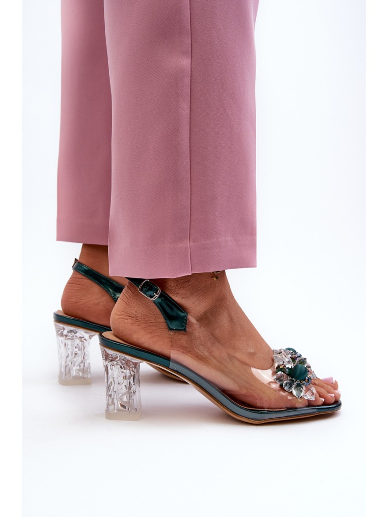 Transparent sandals on a heel with decorations in green D&A MR38-D1