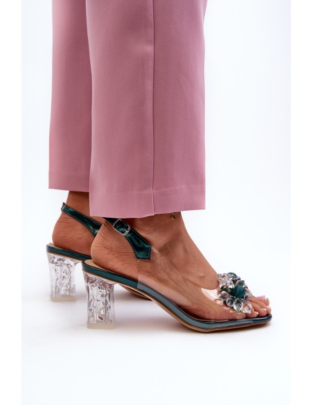 Transparent sandals on a heel with decorations in green D&A MR38-D1