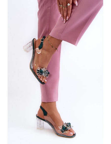 Transparent sandals on a heel with decorations in green D&A MR38-D1