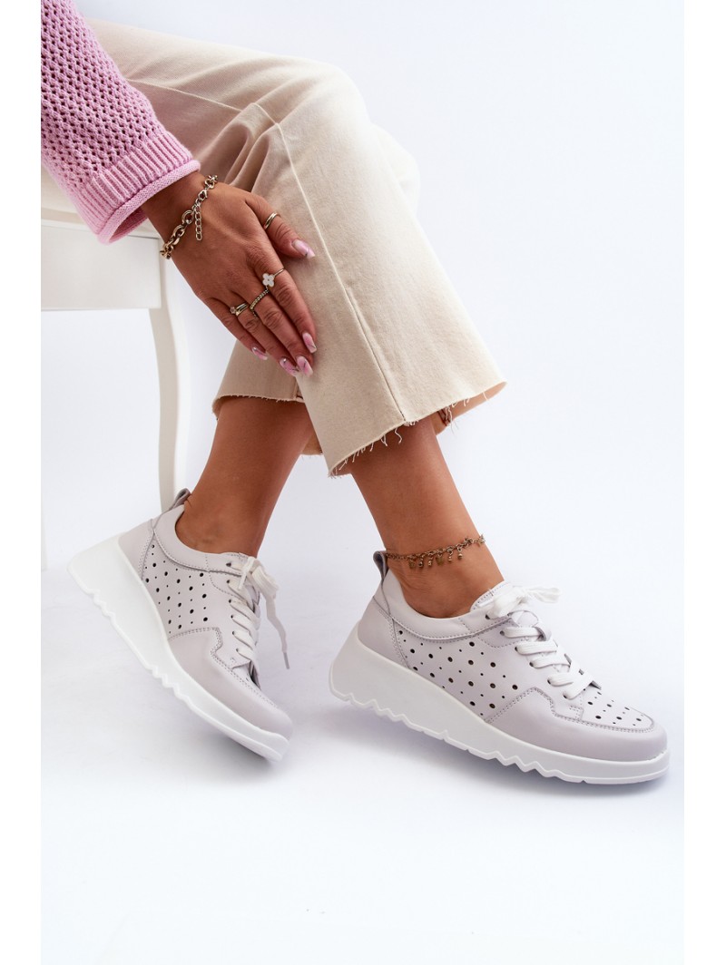 Women's Openwork Wedge Sneakers Natural Leather Light Grey S.Barski LR482