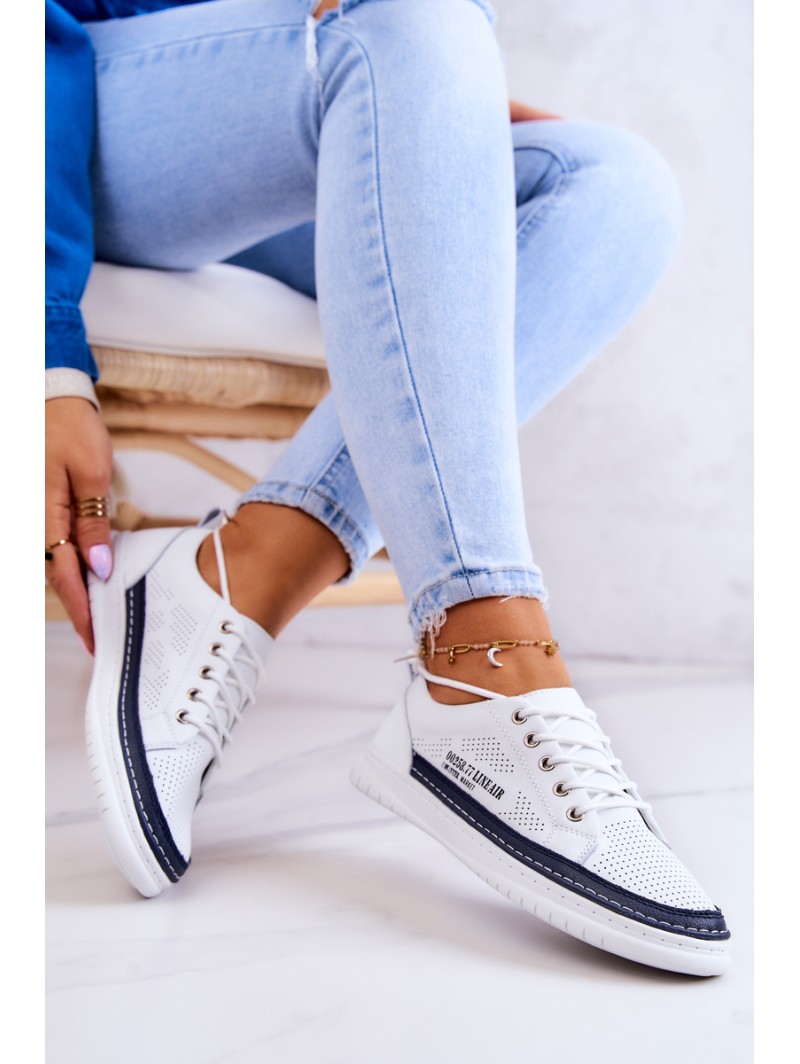 Women's Leather Sneakers White and Navy Blue Cloesa