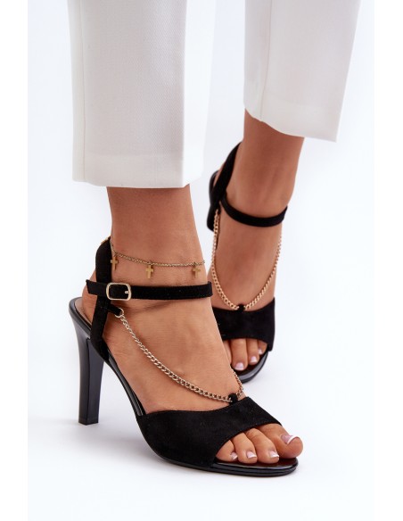 Women's High Heel Eco Suede Sandals with Chain Sergio Leone SK925 Black