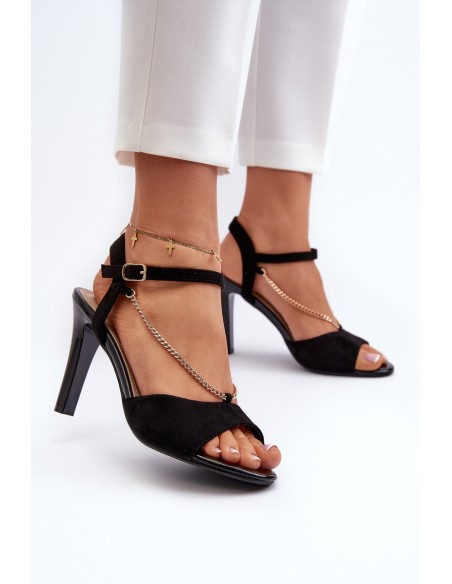 Women's High Heel Eco Suede Sandals with Chain Sergio Leone SK925 Black