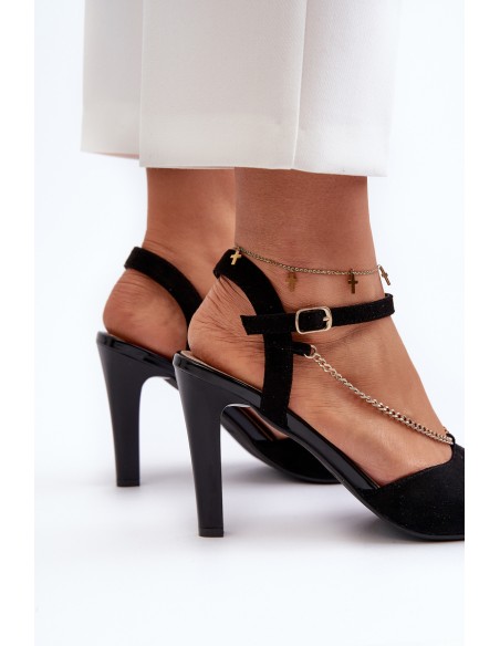 Women's High Heel Eco Suede Sandals with Chain Sergio Leone SK925 Black