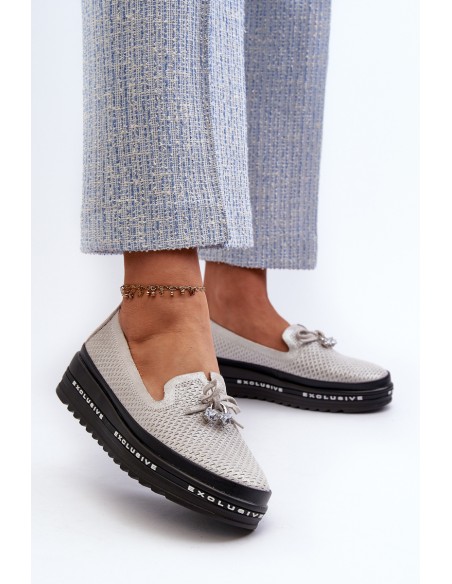Shiny Women's Leather Loafers on Platform S.Barski LR400 Silver