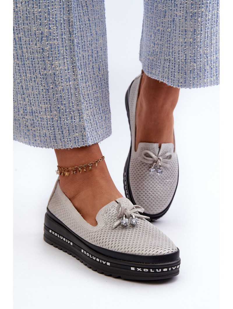 Shiny Women's Leather Loafers on Platform S.Barski LR400 Silver