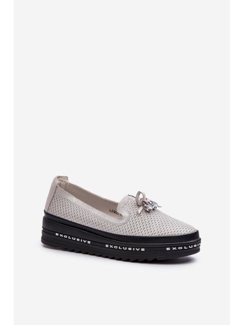 Shiny Women's Leather Loafers on Platform S.Barski LR400 Silver