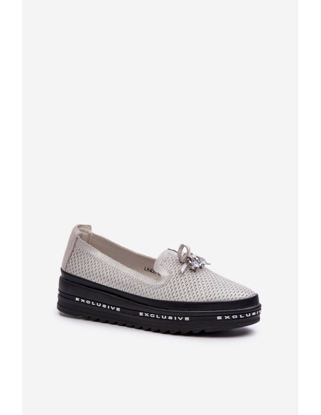 Shiny Women's Leather Loafers on Platform S.Barski LR400 Silver