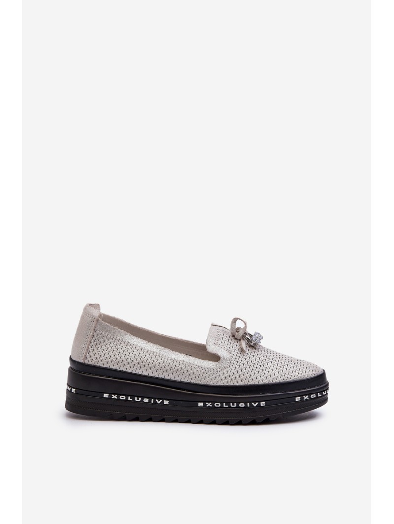 Shiny Women's Leather Loafers on Platform S.Barski LR400 Silver