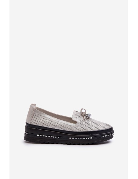 Shiny Women's Leather Loafers on Platform S.Barski LR400 Silver