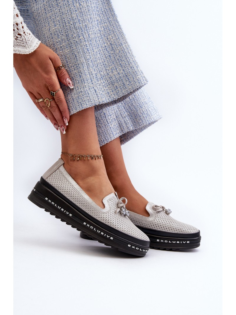 Shiny Women's Leather Loafers on Platform S.Barski LR400 Silver