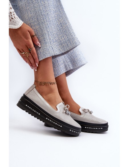 Shiny Women's Leather Loafers on Platform S.Barski LR400 Silver