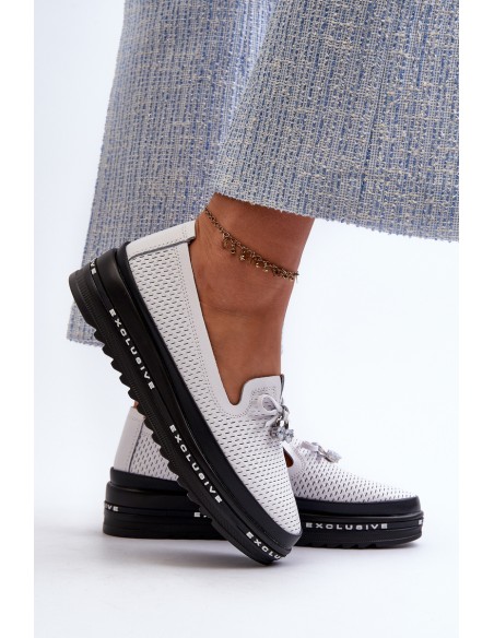 Women's Leather Platform Loafers by S.Barski LR400 White