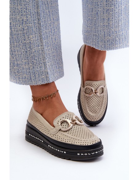 Women's Leather Shiny Platform Moccasins with Decoration S.Barski LR750 Gold