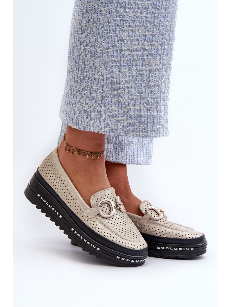 Women's Leather Shiny Platform Moccasins with Decoration S.Barski LR750 Gold