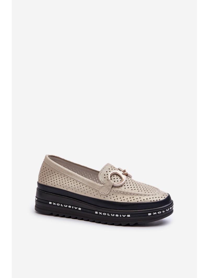 Women's Leather Shiny Platform Moccasins with Decoration S.Barski LR750 Gold