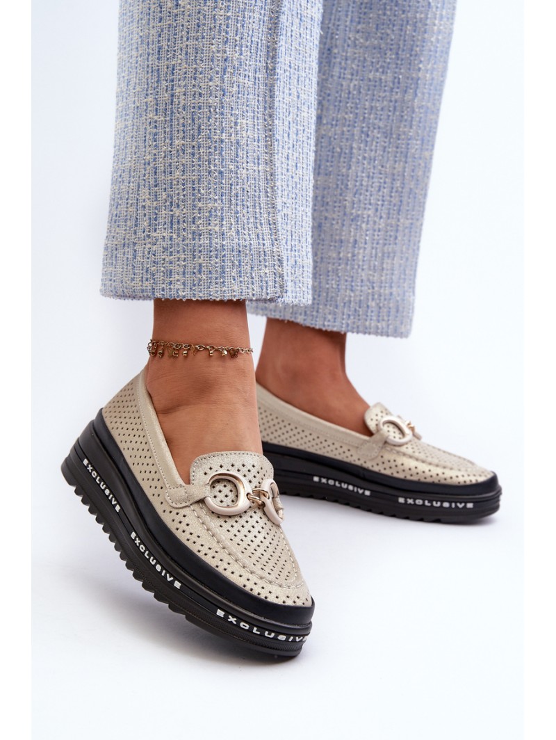 Women's Leather Shiny Platform Moccasins with Decoration S.Barski LR750 Gold