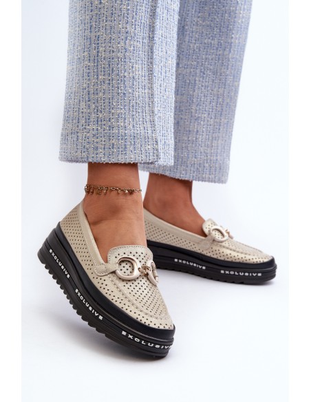 Women's Leather Shiny Platform Moccasins with Decoration S.Barski LR750 Gold