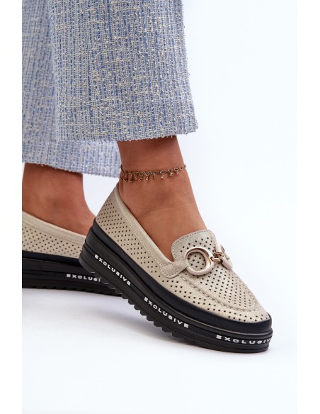 Women's Leather Shiny Platform Moccasins with Decoration S.Barski LR750 Gold
