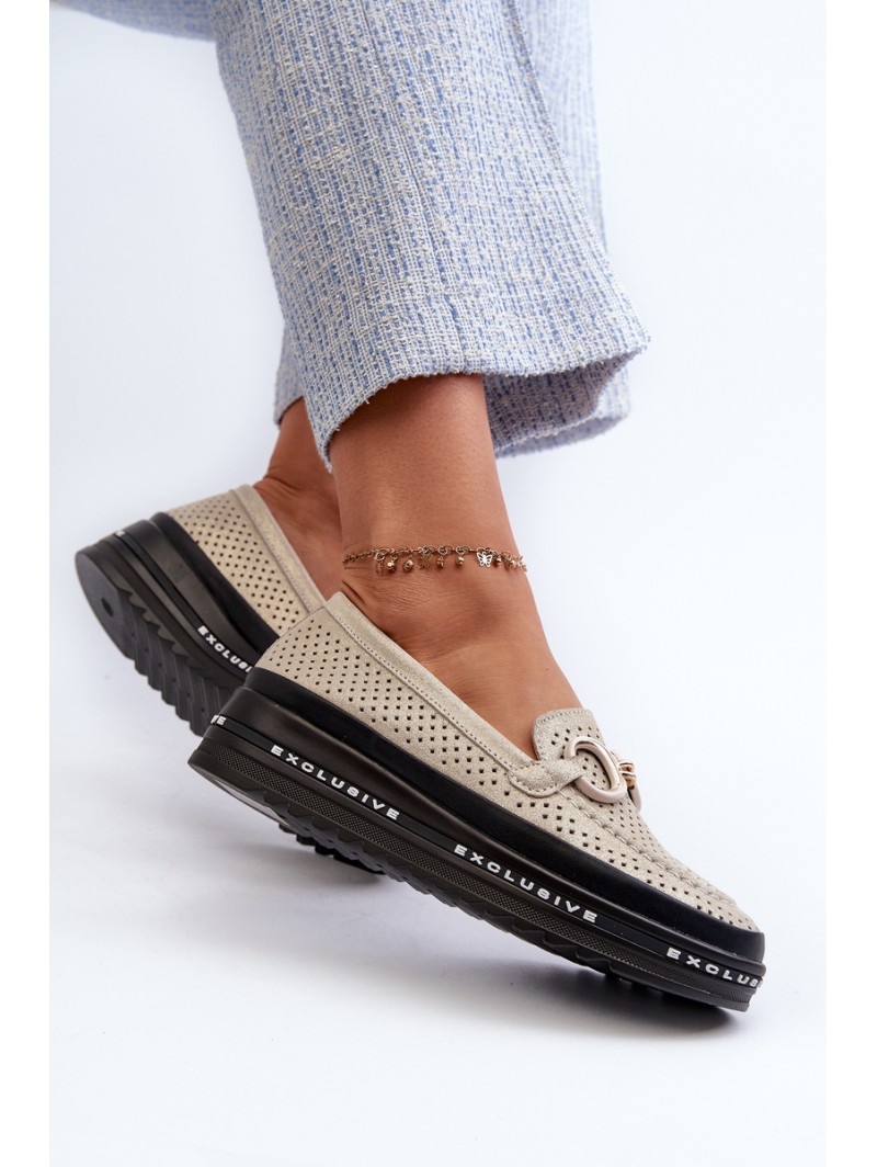Women's Leather Shiny Platform Moccasins with Decoration S.Barski LR750 Gold