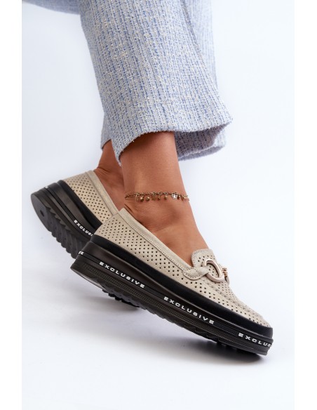 Women's Leather Shiny Platform Moccasins with Decoration S.Barski LR750 Gold