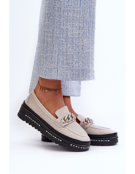 Women's Leather Platform Loafers with Chain Detail S.Barski LR618 Beige