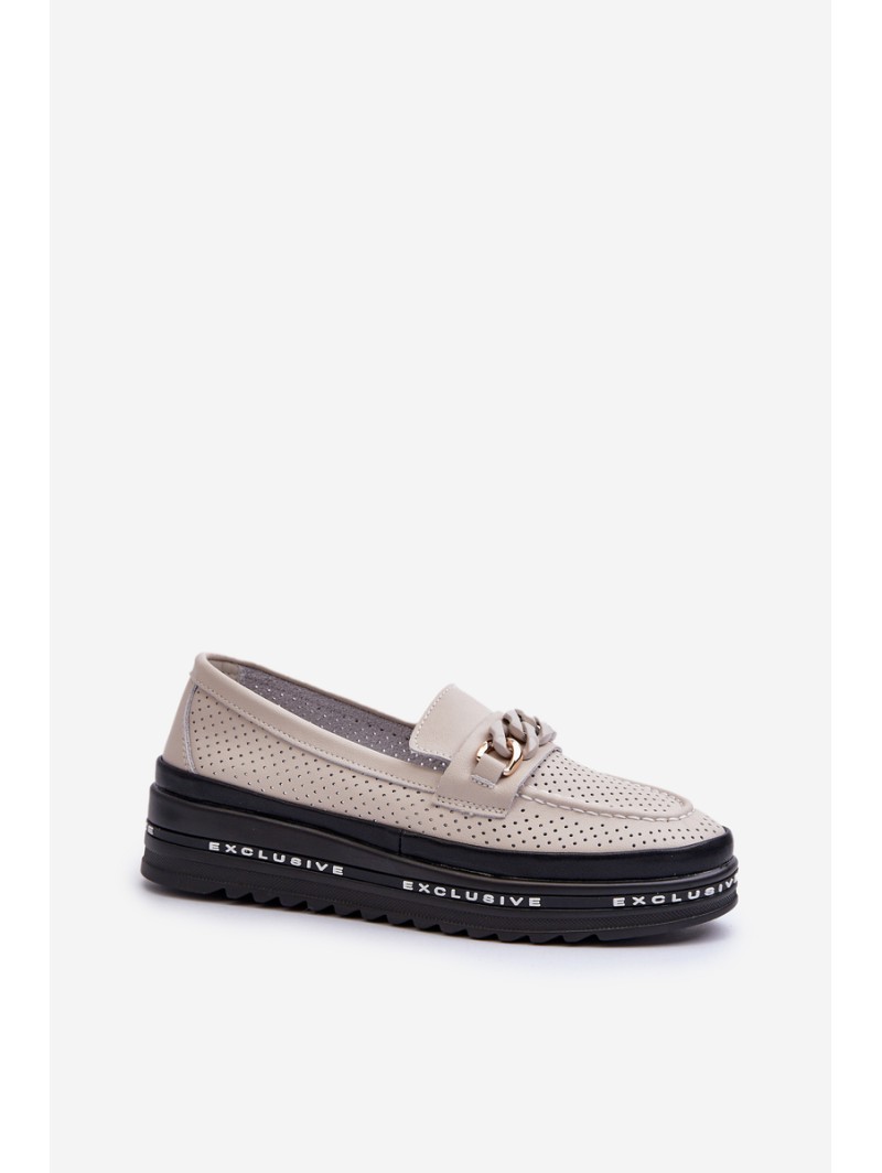 Women's Leather Platform Loafers with Chain Detail S.Barski LR618 Beige