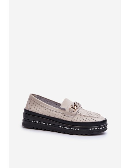Women's Leather Platform Loafers with Chain Detail S.Barski LR618 Beige