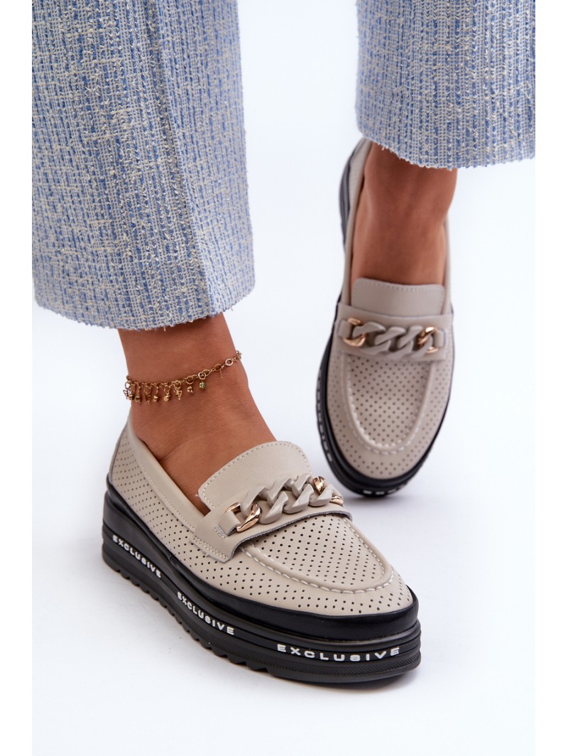 Women's Leather Platform Loafers with Chain Detail S.Barski LR618 Beige
