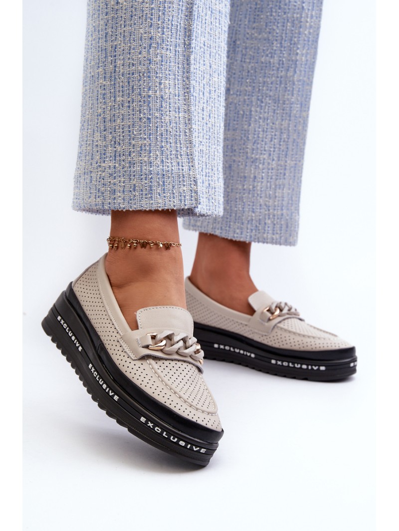 Women's Leather Platform Loafers with Chain Detail S.Barski LR618 Beige