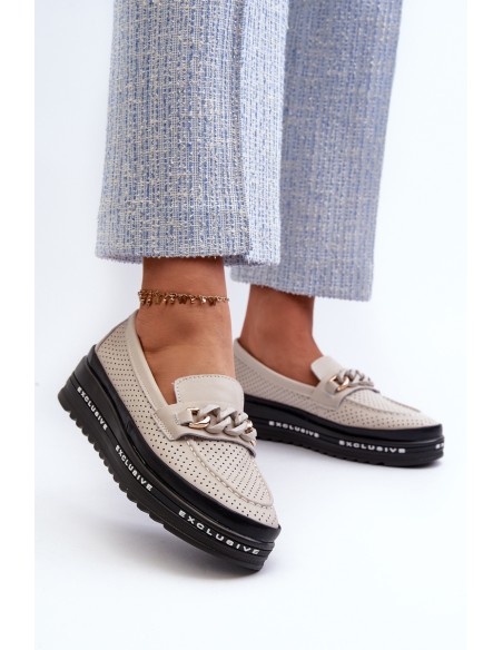 Women's Leather Platform Loafers with Chain Detail S.Barski LR618 Beige