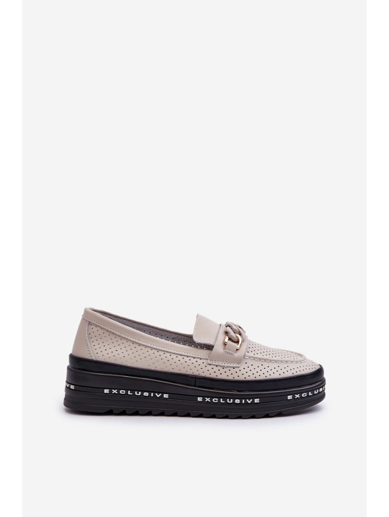 Women's Leather Platform Loafers with Chain Detail S.Barski LR618 Beige
