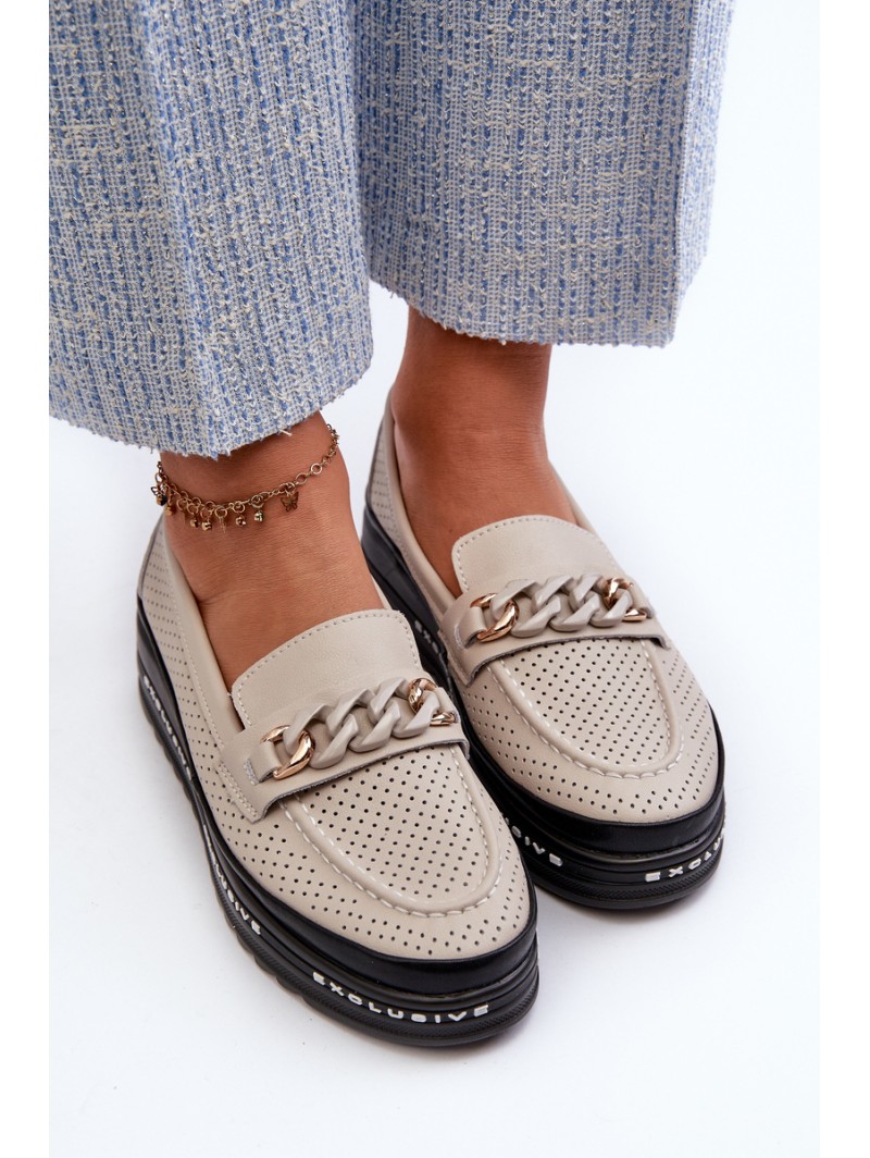 Women's Leather Platform Loafers with Chain Detail S.Barski LR618 Beige