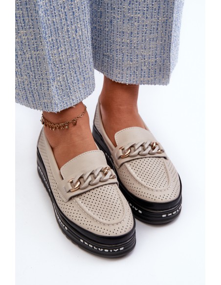 Women's Leather Platform Loafers with Chain Detail S.Barski LR618 Beige