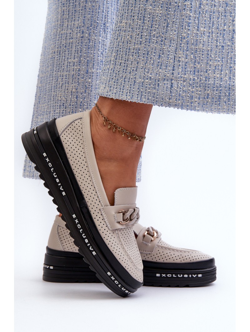Women's Leather Platform Loafers with Chain Detail S.Barski LR618 Beige