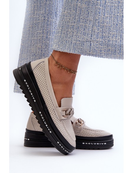 Women's Leather Platform Loafers with Chain Detail S.Barski LR618 Beige