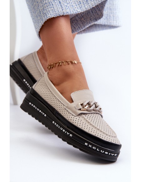 Women's Leather Platform Loafers with Chain Detail S.Barski LR618 Beige
