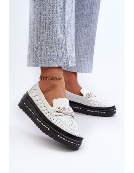Women's Leather Platform Loafers with Chain S.Barski LR618 White