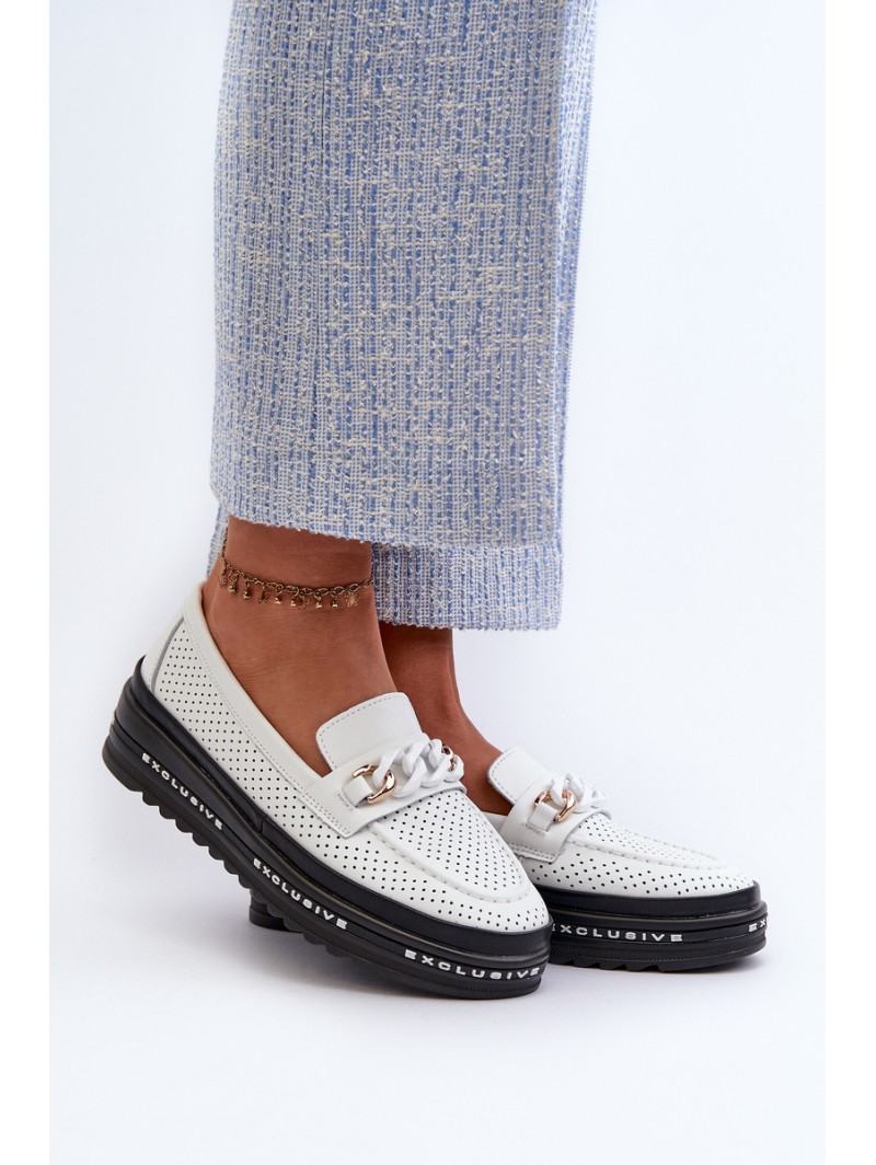 Women's Leather Platform Loafers with Chain S.Barski LR618 White