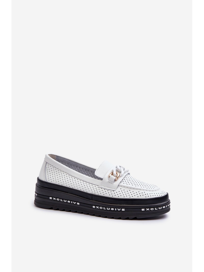 Women's Leather Platform Loafers with Chain S.Barski LR618 White