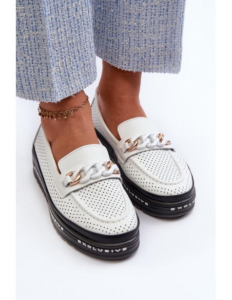 Women's Leather Platform Loafers with Chain S.Barski LR618 White