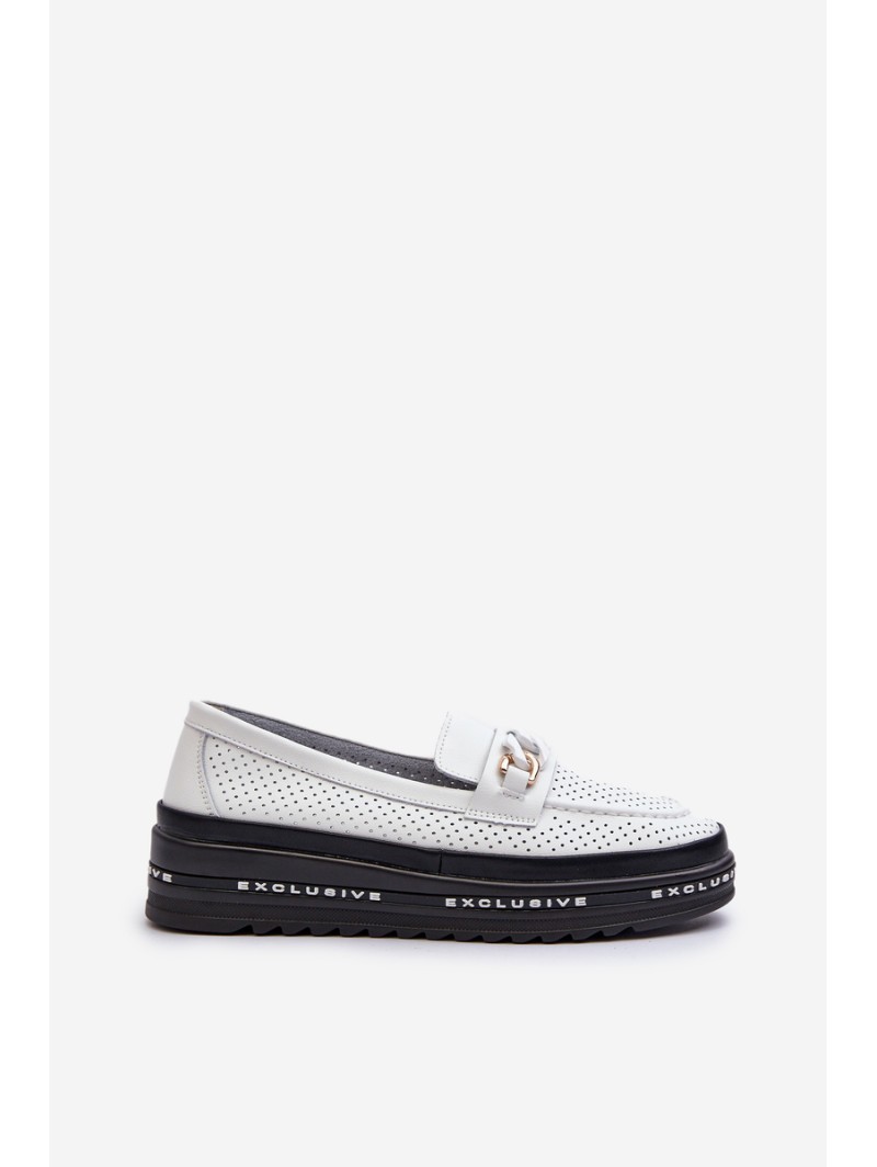 Women's Leather Platform Loafers with Chain S.Barski LR618 White