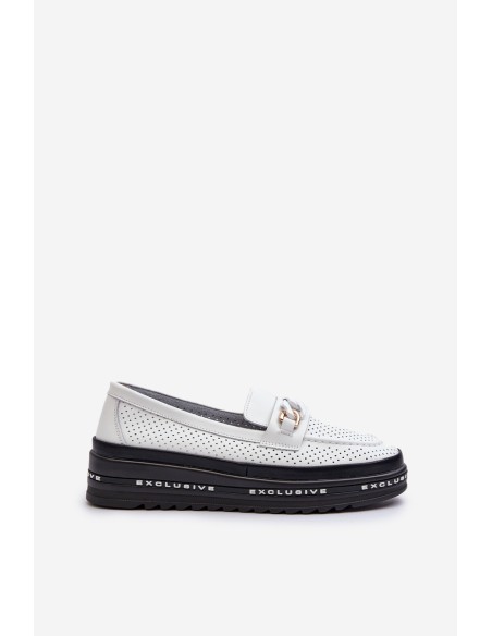 Women's Leather Platform Loafers with Chain S.Barski LR618 White