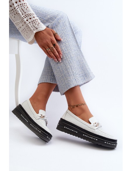 Women's Leather Platform Loafers with Chain S.Barski LR618 White